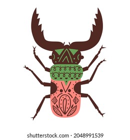 Hand drawn stag beetle with ornamented wings vector illustration. Cute flat insect with large horns isolated on white background. Fun bug animal print design