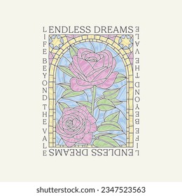 HAND DRAWN STAIN GLASS ROSE FLOWER WINDOW TEXTURED PAINT BRUSH STROKE DREAM AFTERLIFE HEAVEN TSHIRT TEE PRINT FOR APPAREL MERCHANDISE