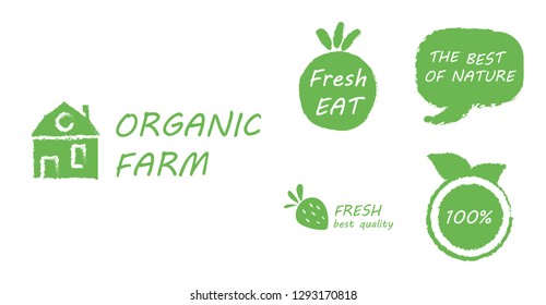 Hand drawn stains set. Vector green abstract hand drawn. Natural, organic food, bio, eco labels and shapes on white background. Eco sticker vector