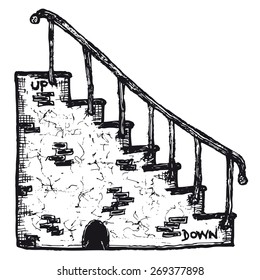 Hand drawn stairs with handrail/
Illustration of a hand drawn rock stairs with handrail
