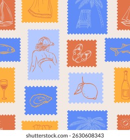 Hand drawn stamp summer seamless pattern. Doodle sketch palm tree, lemon, crab, swimsuit, basket with pineapple. Vector.