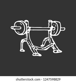 Hand drawn stand for exercises with a barbell doodle. Sketch sports equipment and simulators, icon. Decoration element. Isolated on black background. Vector illustration.