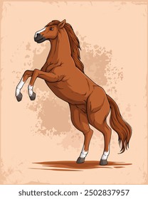 Hand drawn standing brown horse, rearing up Arabian horse, beautiful jumping horse with brown hair