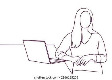 hand drawn standing business woman with laptop illustration