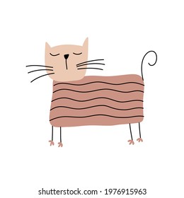 Hand drawn standing cute Cat. Vector Scandinavian Design. illustration isolated on a white background. Design element of t-shirt, home textiles, wrapping paper, children textiles.