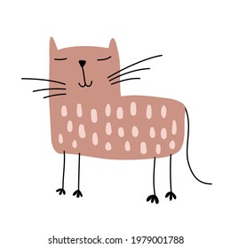 Hand drawn standing cute Cat. Vector Scandinavian Design. illustration isolated on a white background. Design element of t-shirt, home textiles, wrapping paper, children textiles.