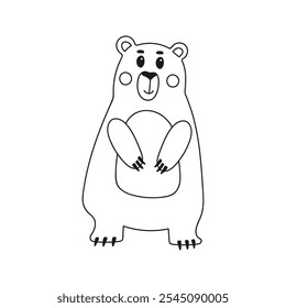 Hand drawn standing funny bear character. Nature animal doodle illustration