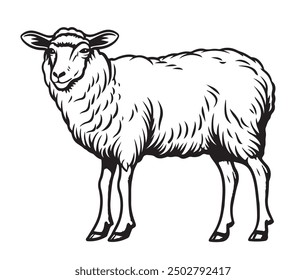 Hand drawn standing sheep in sketch style. Wool, lamb symbol. Farm animal vintage vector illustration