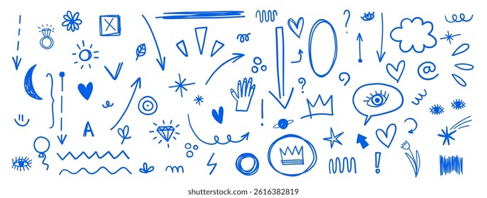 Hand drawn star, arrow, crown comic simple set. Speech bubbles underline decoration elements, sparkling exclamations.