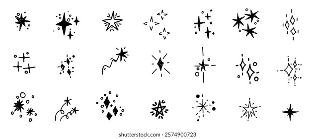 Hand drawn star blinking spark doodle sketch scribble decorative scrapbook flare glare light vector illustrations