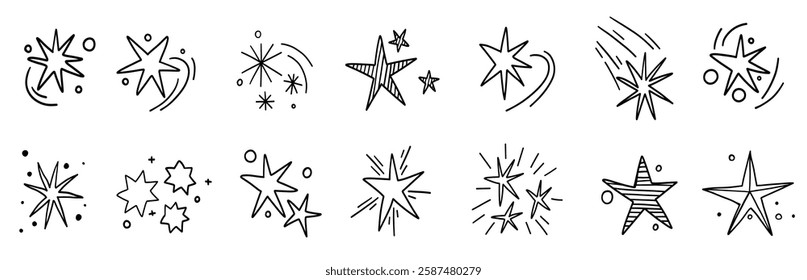 Hand drawn star blinking spark doodle sketch scribble decorative scrapbook flare glare light vector illustrations