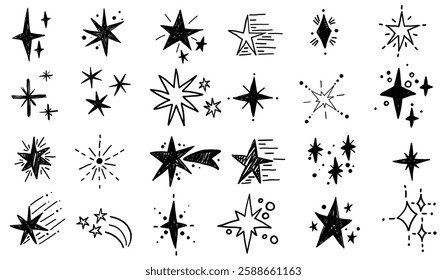 Hand drawn star blinking spark doodle sketch scribble decorative scrapbook flare glare light vector illustrations