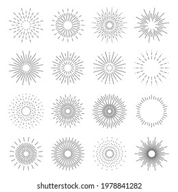 Hand drawn star burst. Rays in simple retro design. A set of vintage sunbeams for your project. Doodle explosion or sun shine. Set of sunbursts, explosion effects, vintage doodles. Vector illustration