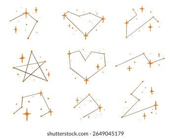 Hand Drawn Star Constellation Symbol. A collection of 9 hand drawn constellation icons featuring stars hearts lines and geometric patterns. Perfect for celestial maps and cosmic themed designs