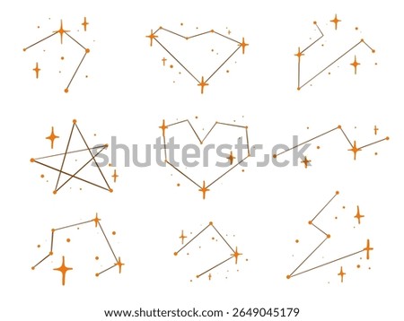 Hand Drawn Star Constellation Symbol. A collection of 9 hand drawn constellation icons featuring stars hearts lines and geometric patterns. Perfect for celestial maps and cosmic themed designs