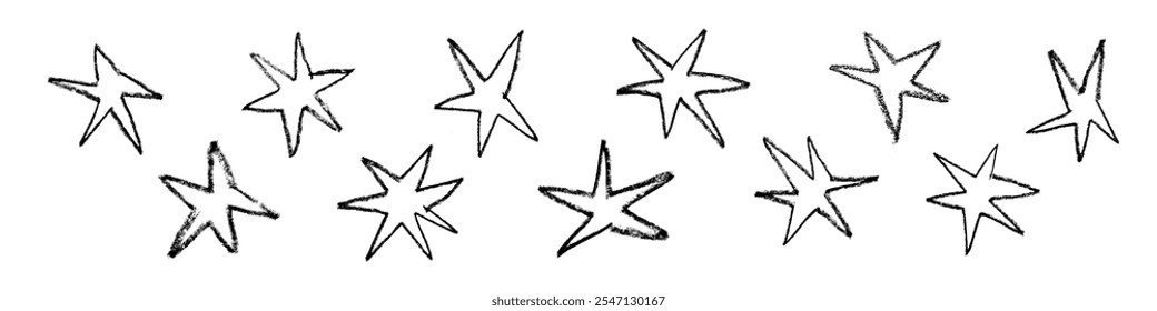 Hand drawn star with crayon and pastel textures. Cute figure design for stickers. Flat vector illustration isolated on white background.
