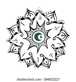 Hand drawn Star and Crescent on white background. Symbol of Islam. Vintage decorative elements. Oriental pattern, vector illustration.