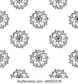 Hand drawn Star and Crescent on white background. Symbol of Islam. Vintage decorative elements. Oriental pattern, vector illustration. Seamless pattern. 