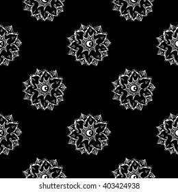 Hand drawn Star and Crescent on black background. Symbol of Islam. Vintage decorative elements. Oriental pattern, vector illustration. Black and White seamless pattern. 
