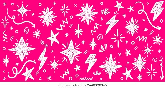 Hand Drawn Star Doodle Element Set on Pink Background, Lightning Bolt Sparkle Scribble Icon Pack for Pop Art Design and Fun Decoration Vector Illustration