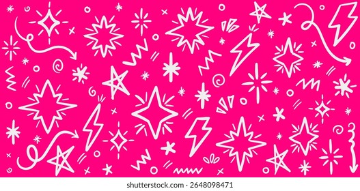 Hand Drawn Star Doodle Element Set on Pink Background, Lightning Bolt Sparkle Scribble Icon Pack for Pop Art Design and Fun Decoration Vector Illustration
