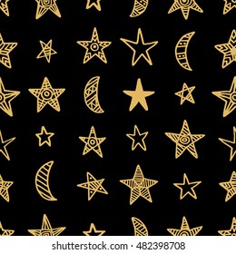 Hand drawn star doodles seamless pattern in gold color on black background. Vector illustration