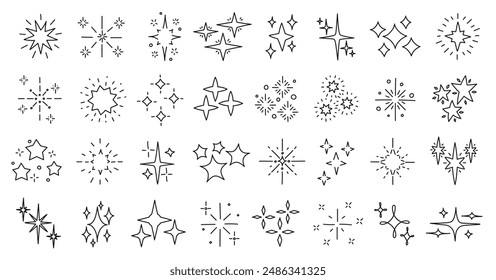 Hand drawn star glitter sparks. Sparkle and starburst icons, shiny doodle stars and magical twinkles. Glittering spark shapes linear vector symbols set. Shiny line firework explosion decoration.