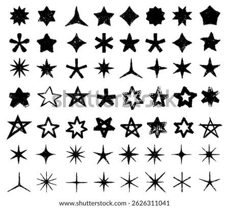 Hand drawn star icons with rough, inked textures and irregular edges. Large set stars. Retro graphic style vintage and artistic touch alternative design punk. Vector illustration.