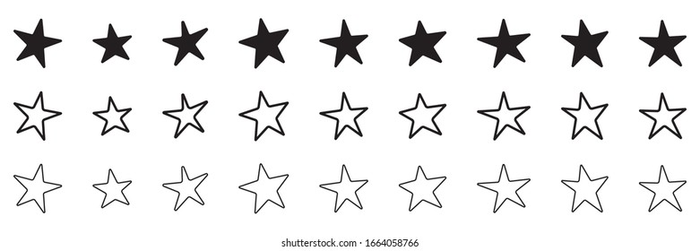 Hand drawn star icons set, various five pointed black outlined stars, vector illustration.