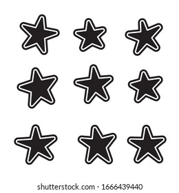 Hand drawn star icons set, various five pointed black outlined stars, vector illustration.