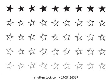 Hand drawn star icons set, various five pointed black outlined stars, vector illustration.