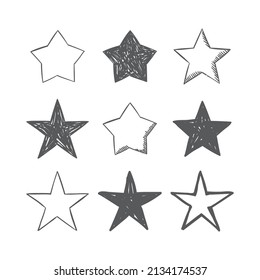 Hand drawn star icons. Set of doodle stars. 