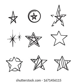 Hand Drawn Star Icons. Sparkles, Shining Burst. Vector Symbols Star Isolated On White Background Doodle