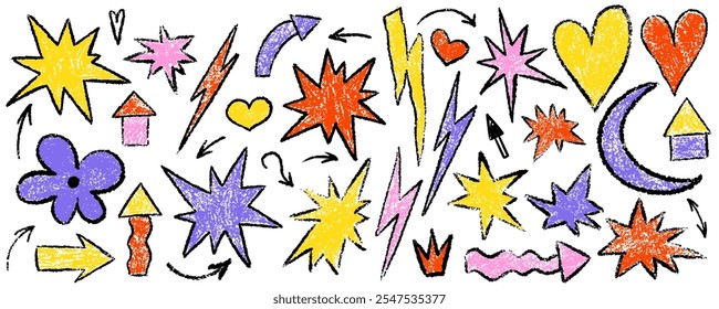 Handgezeichneter Stern, Blitz und Herz-Kritzel-Buntstift-Set. Squiggle, Kratzer doodle Kinderfigur einzeln. Crayon Scratch Textur Form Kinder naiv. Vektorgrafik