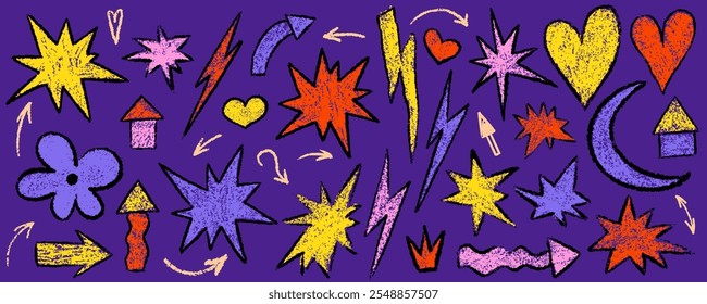 Dibujado a mano estrella, rayo y corazón garabato conjunto de crayón. Squiggle, rasca la figura del niño del doodle aislado. Crayón rasguño textura forma niños ingenuos. Ilustración vectorial