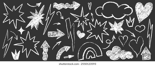 Hand drawn star, lightning and heart scribble crayon set. Squiggle, scratch doodle kid figure isolated. Crayon scratch texture shape children kid naive. Vector illustration