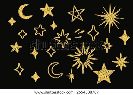 Hand drawn star and moon sketch with crayon hatching