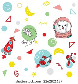 hand drawn star rabbit seamless background outer space concept illustration Cute animal astronaut in a hat, perfect creative nursery for kids room, fabric, wrap, seamless apparel textile wallpaper.