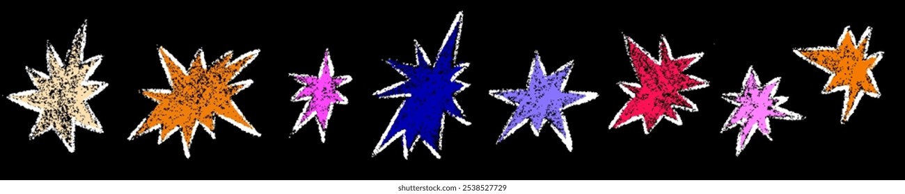 Hand drawn star scribble crayon set. Squiggle, scratch doodle kid star isolated. Crayon scratch texture shape children kid naive. Vector illustration