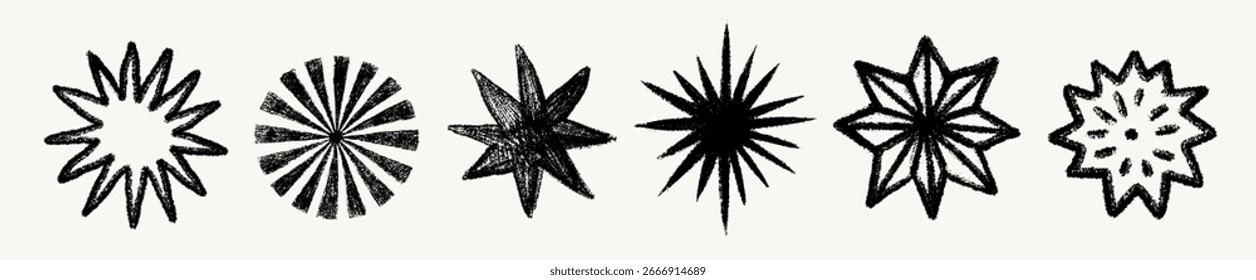 Handgezeichnetes Stern-Set mit Kreide-Stift und Bleistift-Textur im schwarzen Pastellstil. Sterne Formen in Doodle Skizze Pinsel Design für Plakate, Stoff, Umhüllungspapier, Aufkleber, Druck