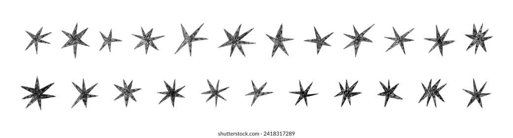 Hand drawn star shapes with crayon and pencil textures. Flat vector illustration isolated on white background.