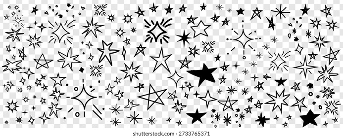 Handgezeichnete Sternenformen und schimmernde glitzernde Kollektion. Dekorative Himmelselemente und glitzernde Lichtstrahlen für kreative Projekte. Vektorskizzensatz kosmischer Glühsymbole.