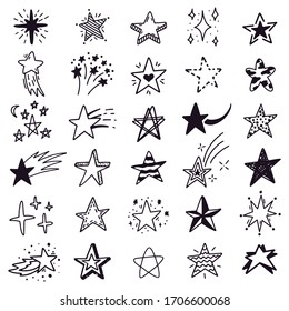 Hand drawn star sketch. Doodle stars sketch, drawing ink starburst and shiny stars. Starry doodles vector illustration icons set. Drawing star in space, starry sparkle cosmic linear art