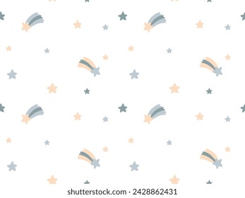 Handgezeichneter Sternenraum-Hintergrund. Nahtloses Starburst-Muster. Nette Baby Doodle Illustration. Ideal für Nursery Neugeborene Tapeten-Design, Stoff-Druck