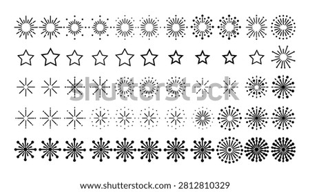 Hand drawn star and spark burst doodle icon collection with decorative explosion celebration astronomy minimalist collection geometric isolated