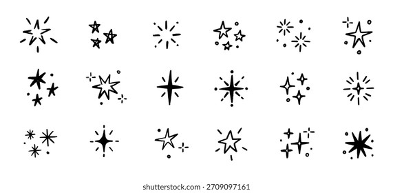 Hand drawn star spark doodle element icon set. Star shape twinkle glitter spark shine crayon grunge brush line icons. Hand drawn sketch doodle style. Light decoration background vector illustration