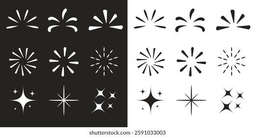 Hand drawn star sparkle light shine sunburst sun rays sign symbol shape set. Decoration element. Sparkling effect. Cute doodle collection. Flat design. Black White background. Isolated. Vector