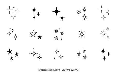 Hand drawn star sparkle shine of doodle set. Star shine twinkle glow, spark glitter, magic party light vector illustration. Hand drawn sketch doodle style line sparkle elements