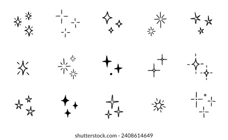 Hand drawn star sparkle shine of doodle set. Star shine twinkle glow, spark glitter, magic party light vector illustration. Hand drawn sketch doodle style line sparkle elements