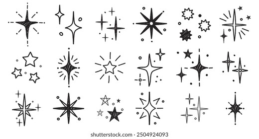 Hand drawn star sparkle shine of doodle set.  Charcoal pen drawn star shine glow, spark glitter, sparkle light. Vector chalk graphic elements	